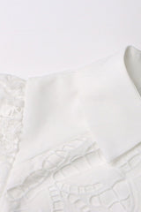 Elegant Collared Button Up Floral Cutwork Bishop Sleeve Shirt Midi Dress