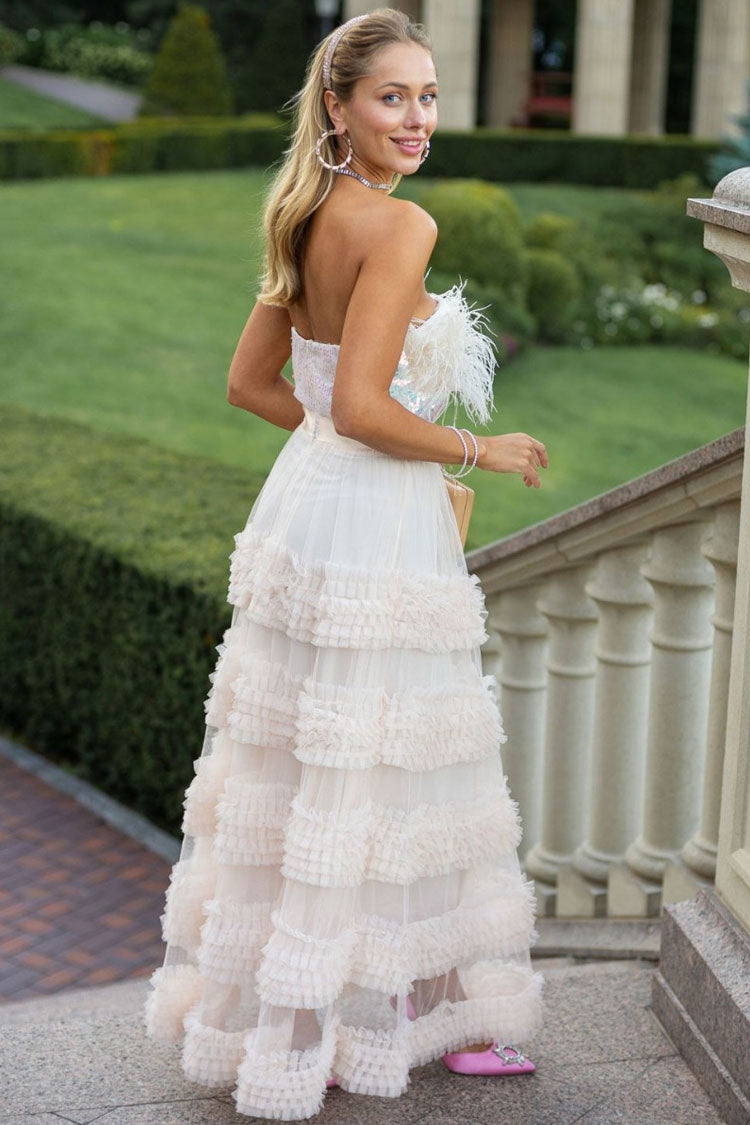 Elegant Feather Strapless Sequin Tiered Ruffle Tulle Evening Maxi Dress - Apricot