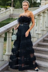 Elegant Feather Strapless Sequin Tiered Ruffle Tulle Evening Maxi Dress - Black