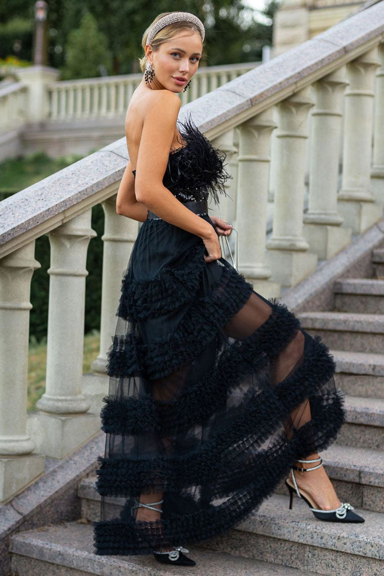 Elegant Feather Strapless Sequin Tiered Ruffle Tulle Evening Maxi Dress - Black