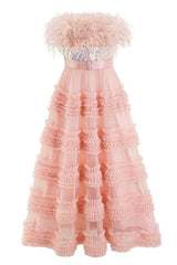 Elegant Feather Strapless Sequin Tiered Ruffle Tulle Evening Maxi Dress - Pink