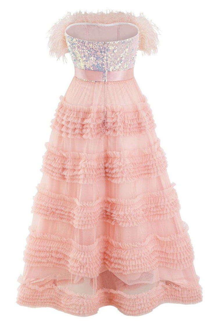 Elegant Feather Strapless Sequin Tiered Ruffle Tulle Evening Maxi Dress - Pink