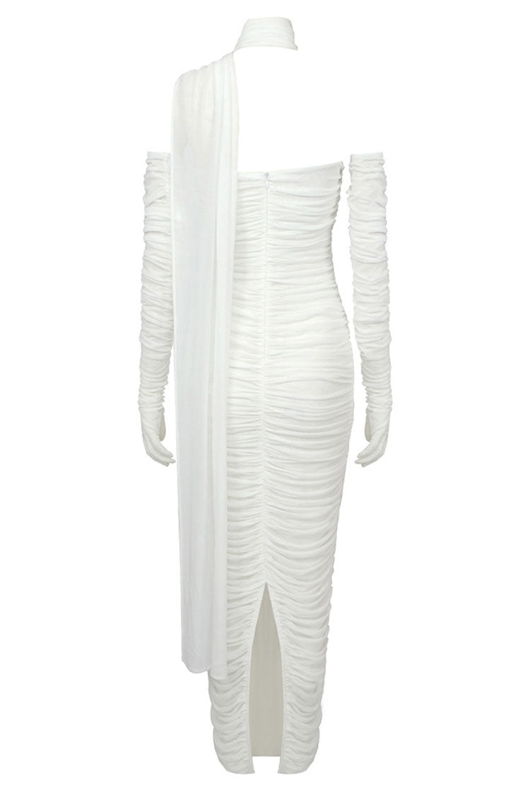 Elegant Glove Draped Halter Mesh Ruched Bodycon Formal Maxi Dress - White