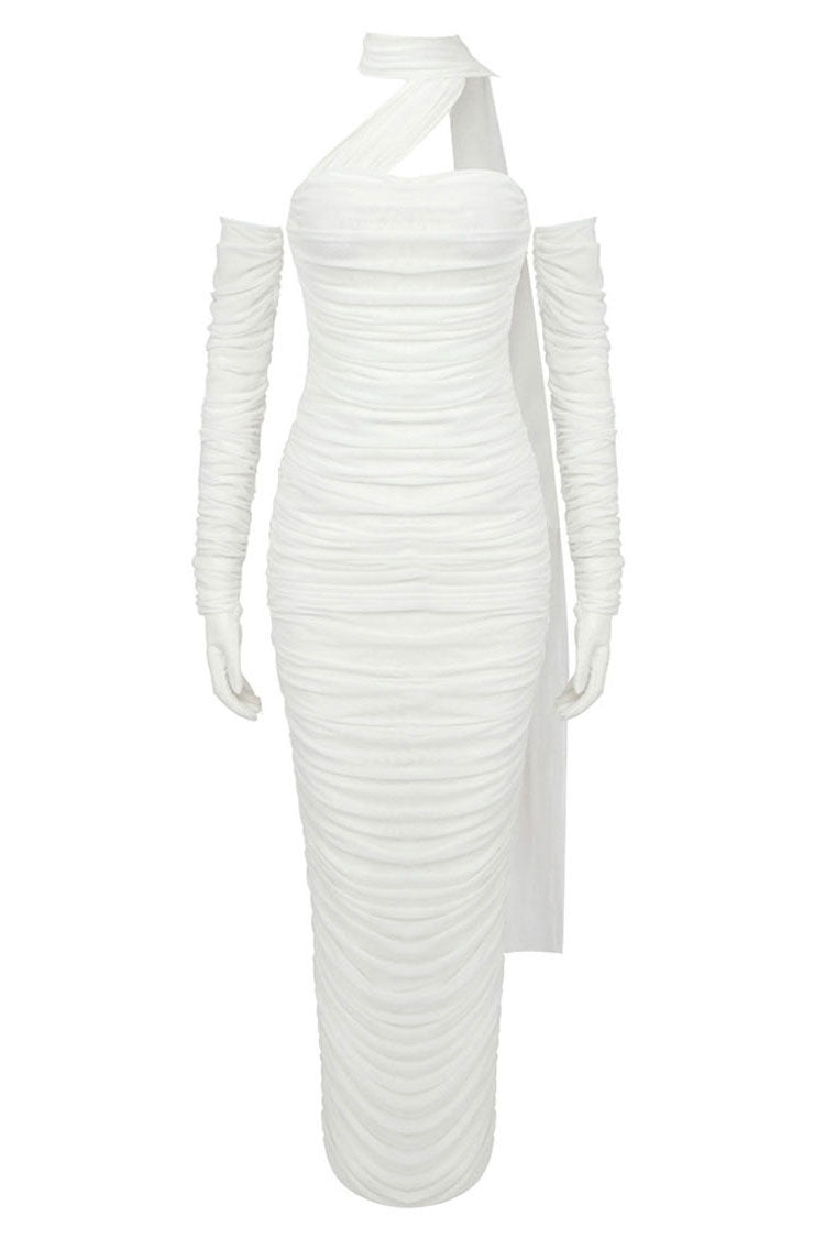 Elegant Glove Draped Halter Mesh Ruched Bodycon Formal Maxi Dress - White