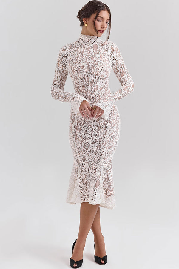 Elegant High Neck Long Sleeve Lace Fishtail Cocktail Party Midi Dress