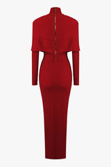 Elegant High Neck Wrapped Long Sleeve Ribbed Bandage Evening Maxi Dress