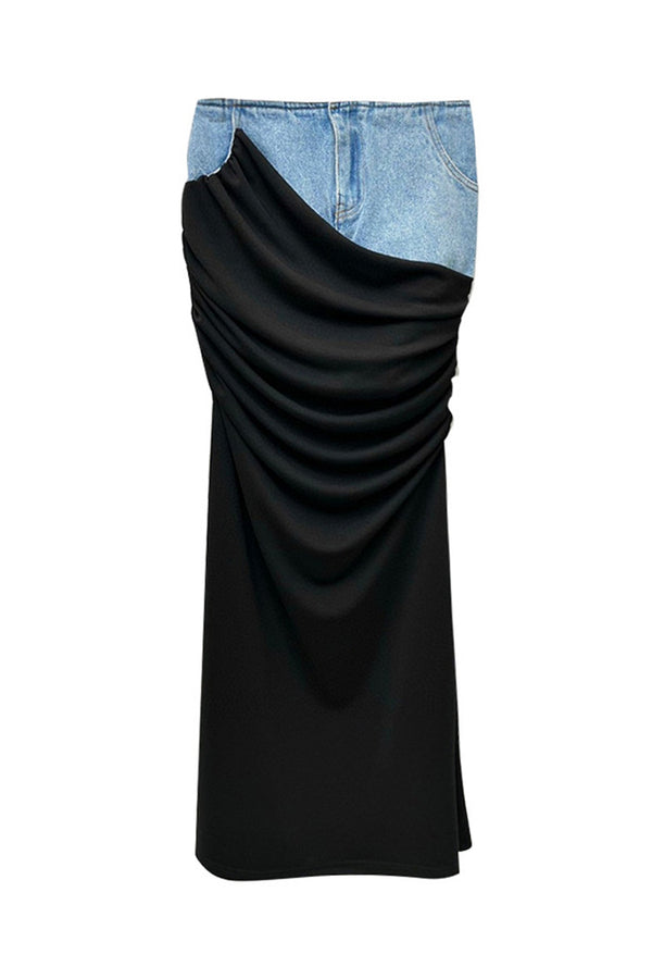 Elegant High Waist Drape Ruched Bodycon Hybrid Denim Maxi Skirt