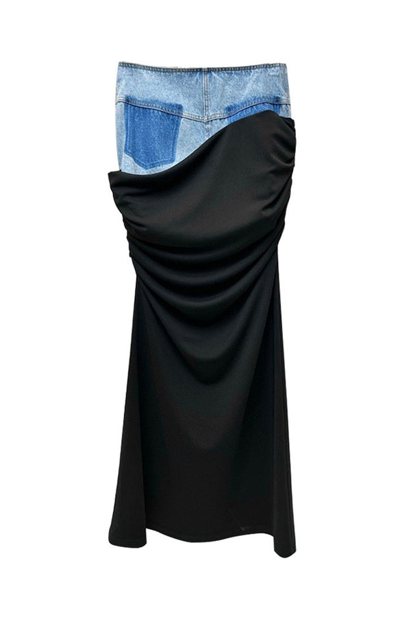 Elegant High Waist Drape Ruched Bodycon Hybrid Denim Maxi Skirt
