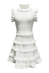 Elegant Layered Ruffle High Neck A Line Sleeveless Bandage Party Mini Dress - White