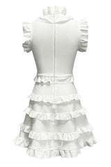 Elegant Layered Ruffle High Neck A Line Sleeveless Bandage Party Mini Dress - White