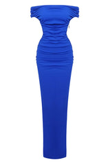 Elegant Off Shoulder Ruched Size Zip Split Evening Maxi Dress - Royal Blue