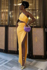Elegant One Shoulder Cutout High Split Silky Satin Evening Maxi Dress - Yellow