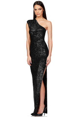 Elegant Padded One Shoulder Split Sequin Evening Maxi Dress - Black