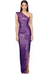 Elegant Padded One Shoulder Split Sequin Evening Maxi Dress - Purple