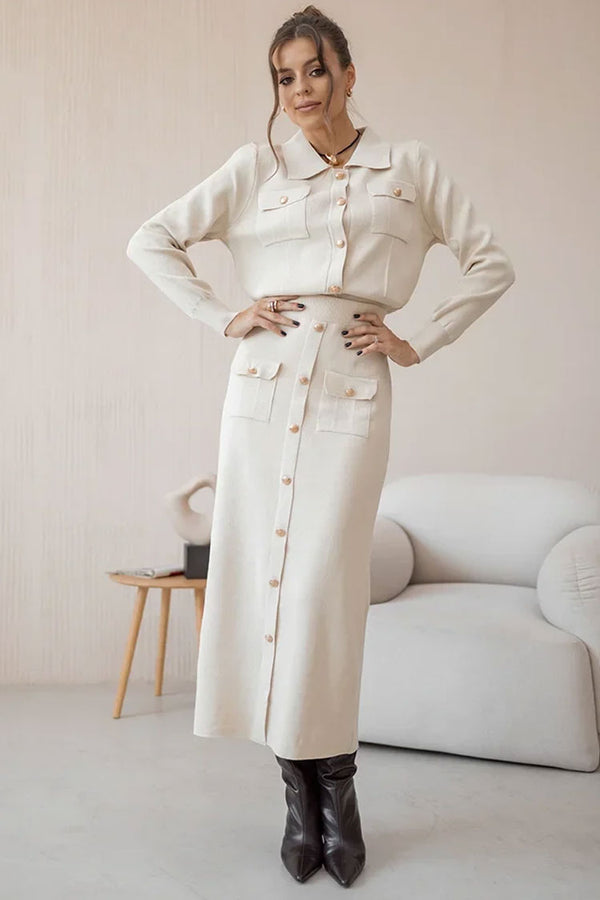 Elegant Patch Pocket Button Up Collared Cardigan Two Piece Midi Dress - Beige