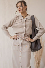 Elegant Patch Pocket Button Up Collared Cardigan Two Piece Midi Dress - Khaki