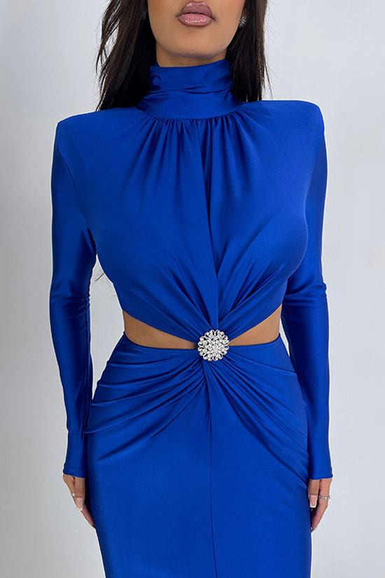 Elegant Rhinestone Twist Cutout Waist Long Sleeve Cocktail Midi Dress - Blue