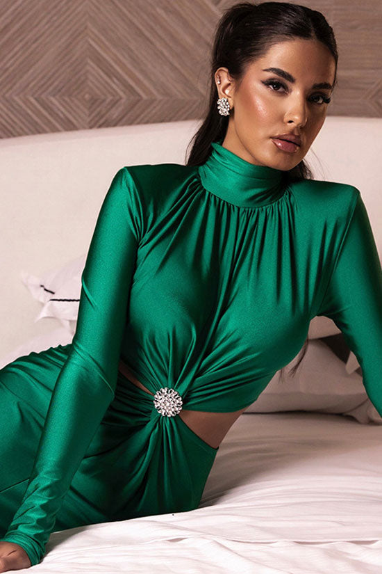 Elegant Rhinestone Twist Cutout Waist Long Sleeve Cocktail Midi Dress - Green
