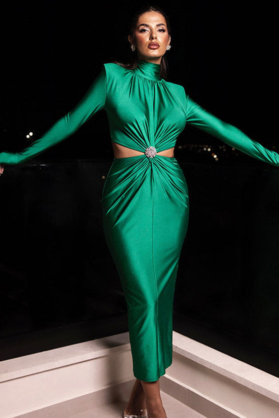 Elegant Rhinestone Twist Cutout Waist Long Sleeve Cocktail Midi Dress - Green