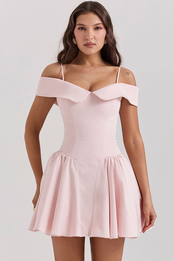 Elegant Spaghetti Strap Off Shoulder Drop Waist Fit & Flare Party Mini Dress - Pink