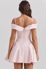Elegant Spaghetti Strap Off Shoulder Drop Waist Fit & Flare Party Mini Dress - Pink