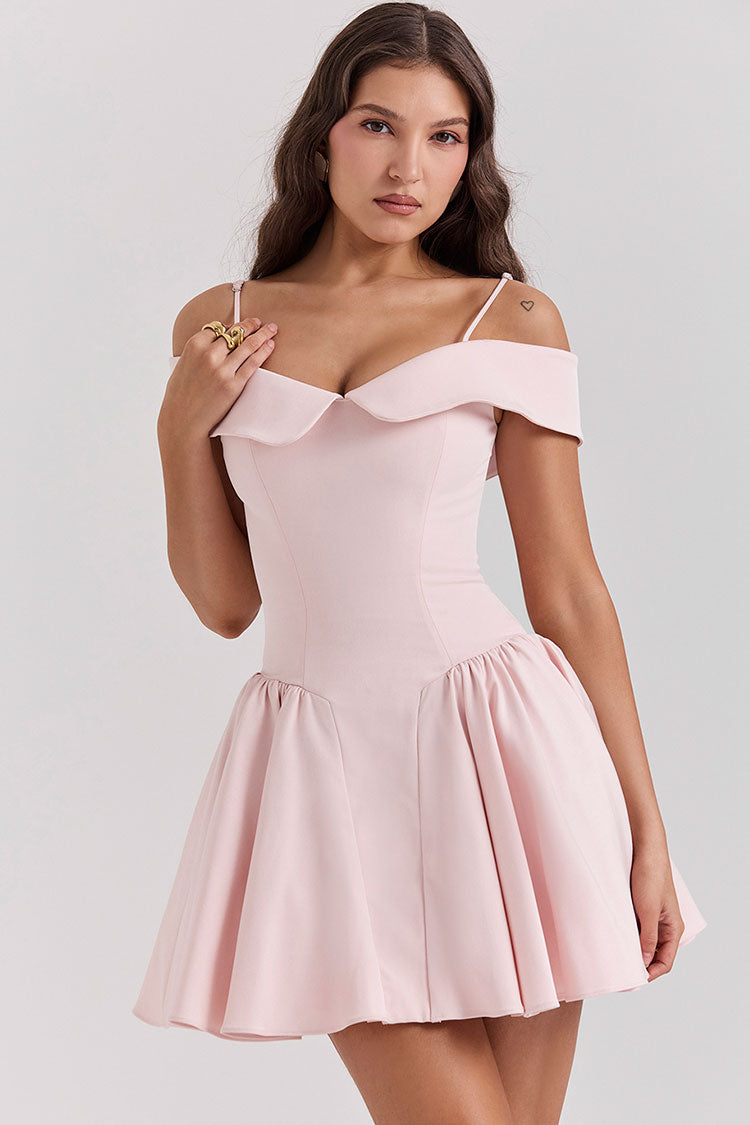 Elegant Spaghetti Strap Off Shoulder Drop Waist Fit & Flare Party Mini Dress - Pink