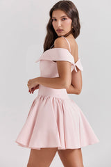 Elegant Spaghetti Strap Off Shoulder Drop Waist Fit & Flare Party Mini Dress - Pink