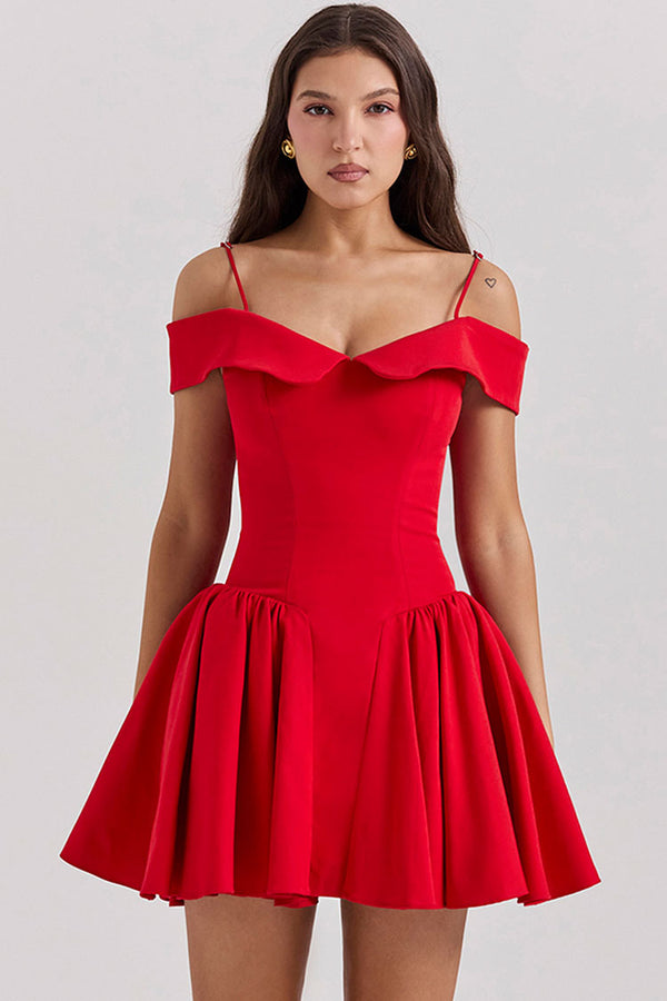 Elegant Spaghetti Strap Off Shoulder Drop Waist Fit & Flare Party Mini Dress - Red