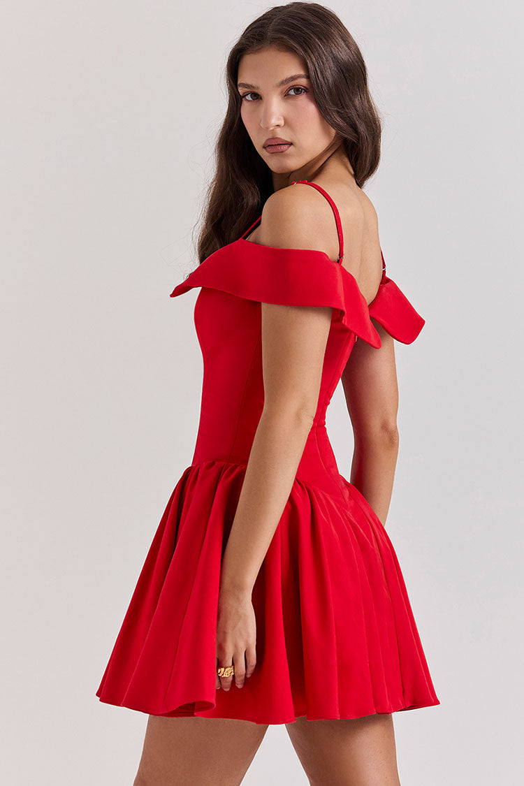 Elegant Spaghetti Strap Off Shoulder Drop Waist Fit & Flare Party Mini Dress - Red