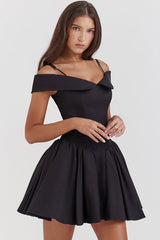 Elegant Spaghetti Strap Off Shoulder Drop Waist Fit & Flare Party Mini Dress - Black