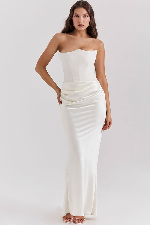 Elegant Sweetheart Neck Corset Strapless Fishtail Evening Maxi Dress - White