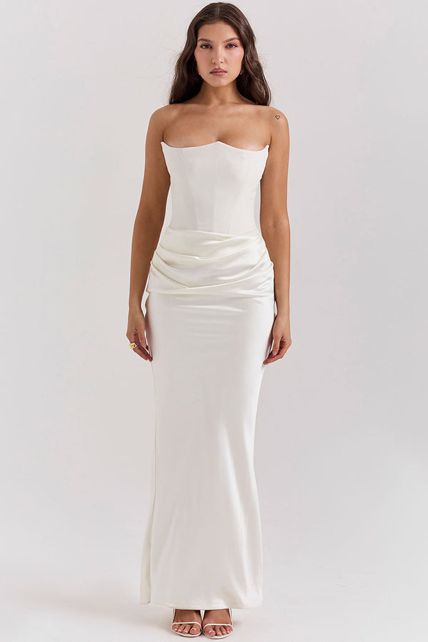 Elegant Sweetheart Neck Corset Strapless Fishtail Evening Maxi Dress - White