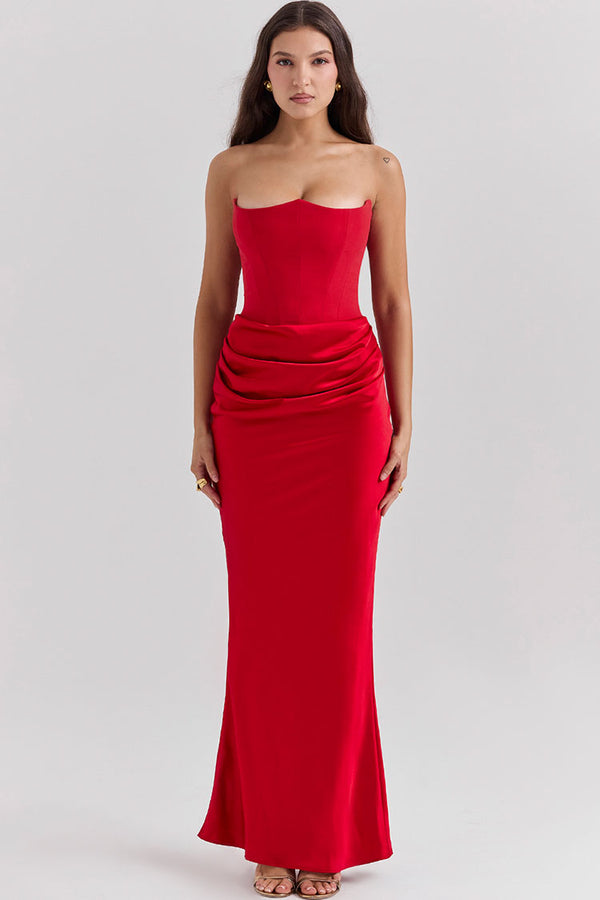 Elegant Sweetheart Neck Corset Strapless Fishtail Evening Maxi Dress - Red