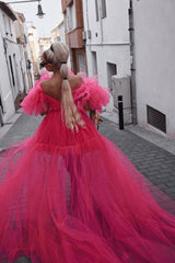 Exaggerated Ruffle Deep V Cutout High Low Tiered Tulle Dress - Hot Pink