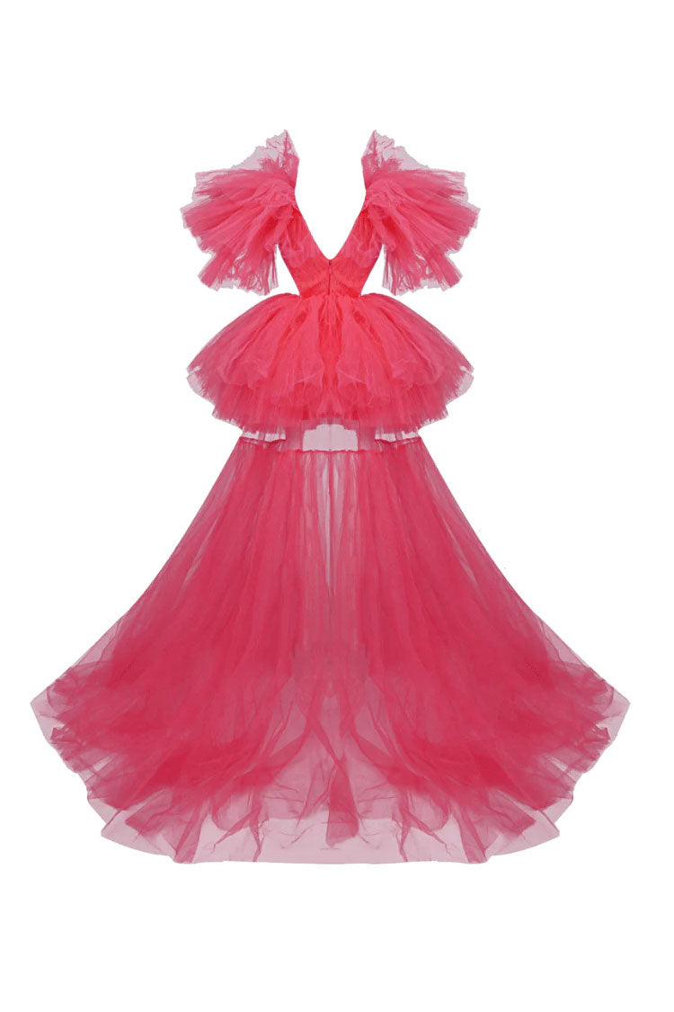 Exaggerated Ruffle Deep V Cutout High Low Tiered Tulle Dress - Hot Pink