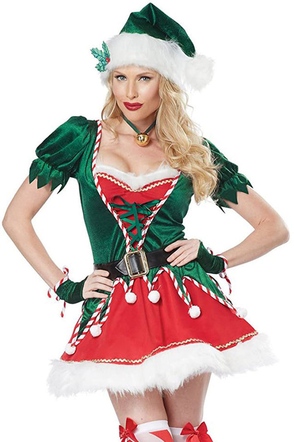 Fairy Elf Cosplay Pom Pom Belted Velvet Christmas Two Piece Mini Dress - Green