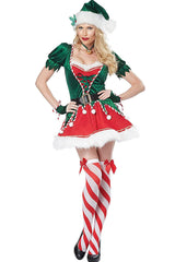 Fairy Elf Cosplay Pom Pom Belted Velvet Christmas Two Piece Mini Dress - Green