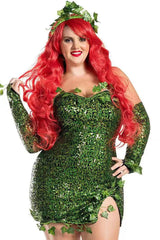 Fairy Elf Halloween Ivy Trim Glove Sleeveless Sequin Party Mini Dress - Green