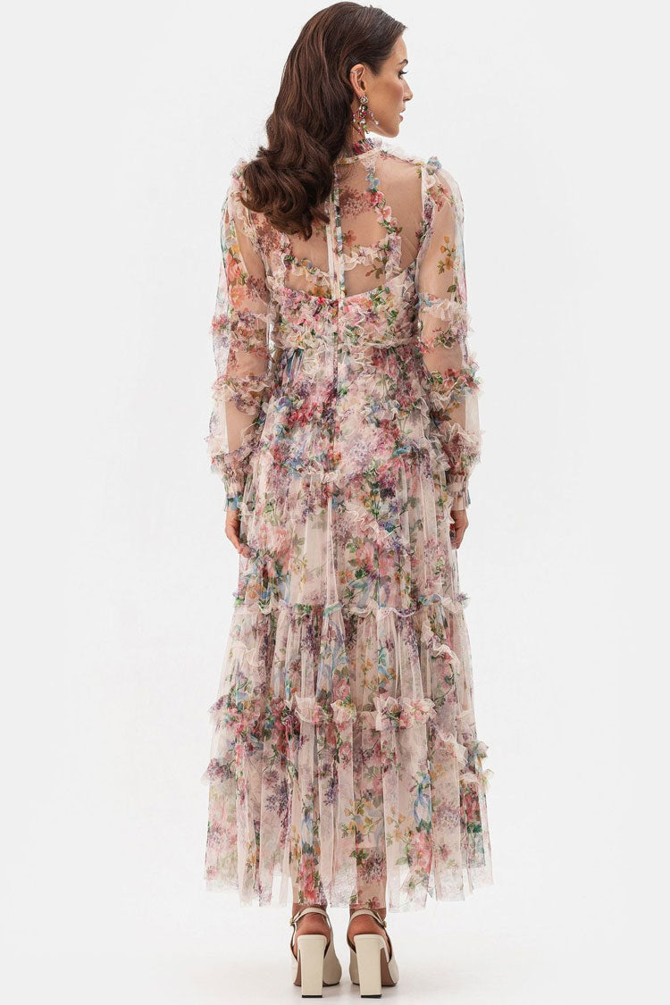 Fairy Mock Neck Bishop Sleeve Floral Tulle Tiered Ruffle Maxi Gown Dress - Apricot