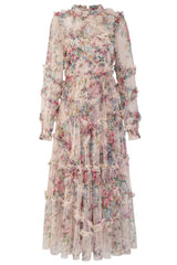 Fairy Mock Neck Bishop Sleeve Floral Tulle Tiered Ruffle Maxi Gown Dress - Apricot