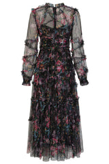 Fairy Mock Neck Bishop Sleeve Floral Tulle Tiered Ruffle Maxi Gown Dress - Black