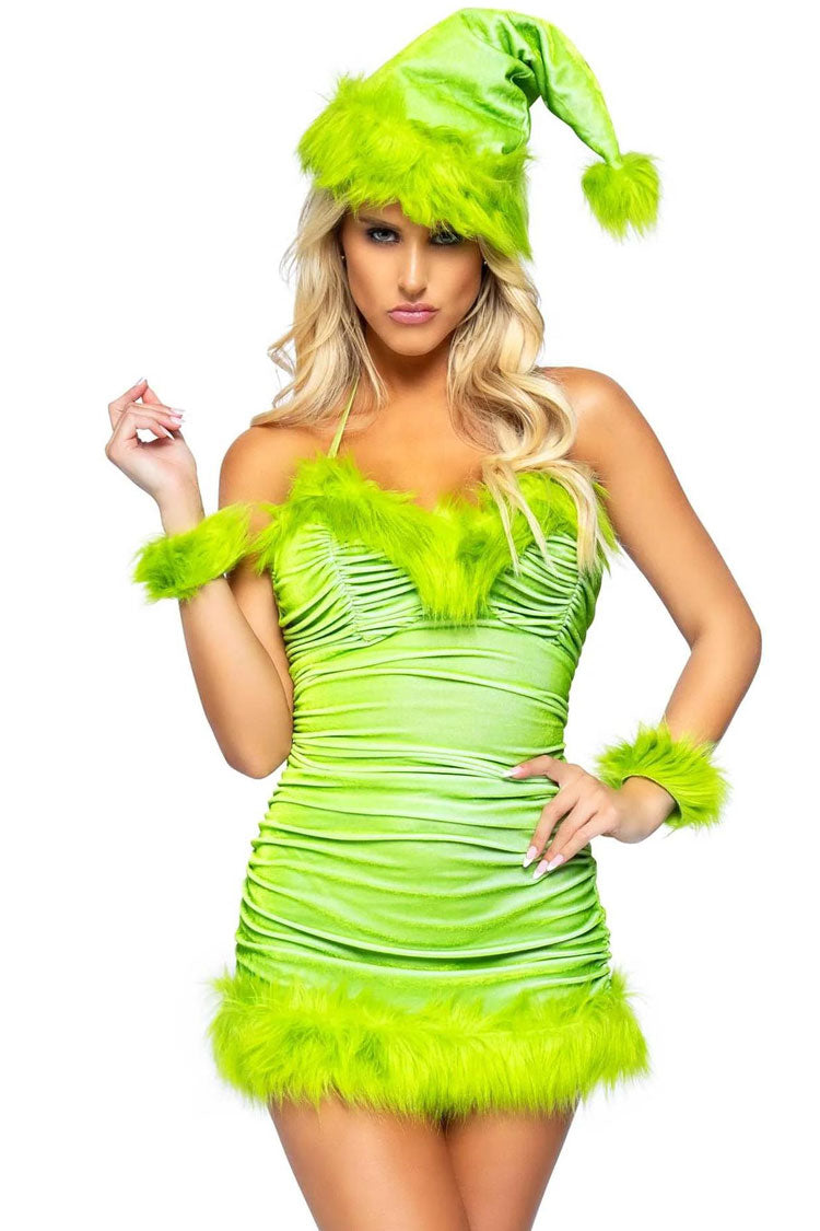 Fairy Mrs Claus Faux Fur Ruched Halter Velvet Christmas Party Mini Dress - Green