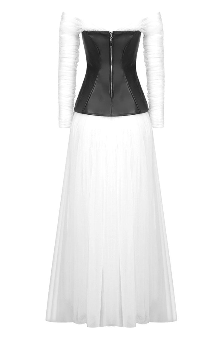 Fairy Off Shoulder Black and White Faux Leather Tulle Evening Maxi Dress - White