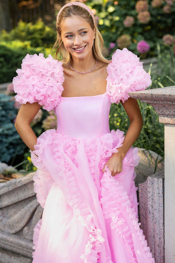 Fairy Square Neck Tiered Ruffle Puff Sleeve Organza Gown Maxi Dress - Pink