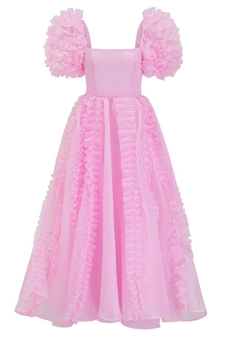 Fairy Square Neck Tiered Ruffle Puff Sleeve Organza Gown Maxi Dress - Pink