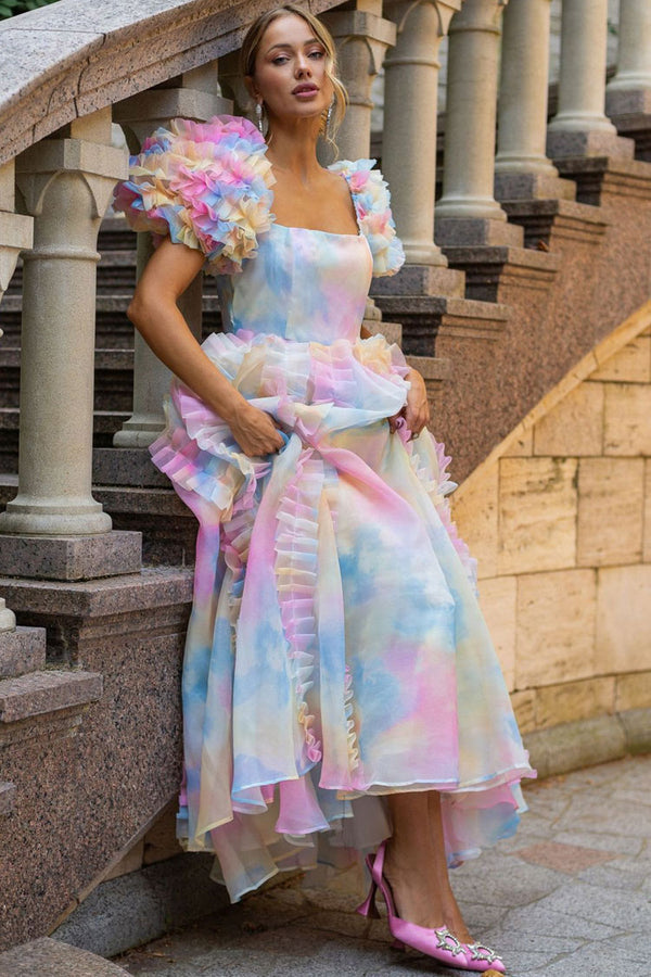 Fairy Square Neck Tiered Ruffle Rainbow Floral Organza Gown Maxi
