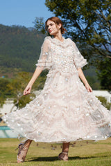 Fairy Tale Floral Embroidered Summer Tiered Ruffle Tulle Evening Maxi Dress - Pink