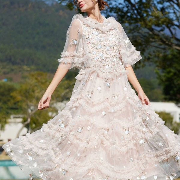 ワンピース EMBROIDERY TULLE TIERED DRESS fairy-tale-floral-embroidered-