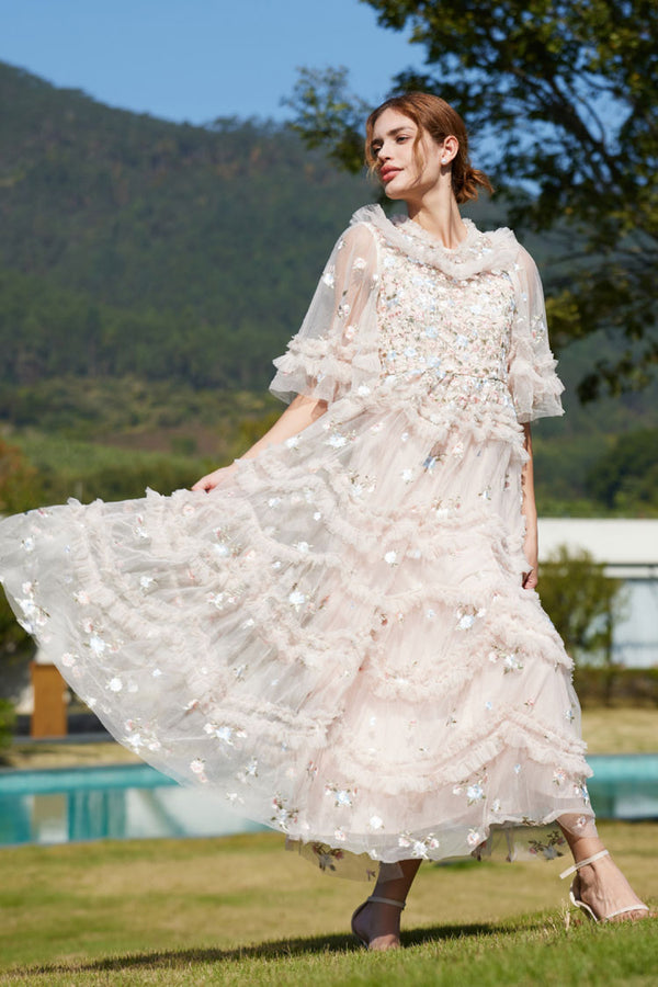 Fairy Tale Floral Embroidered Summer Tiered Ruffle Tulle Evening Maxi Dress - Pink