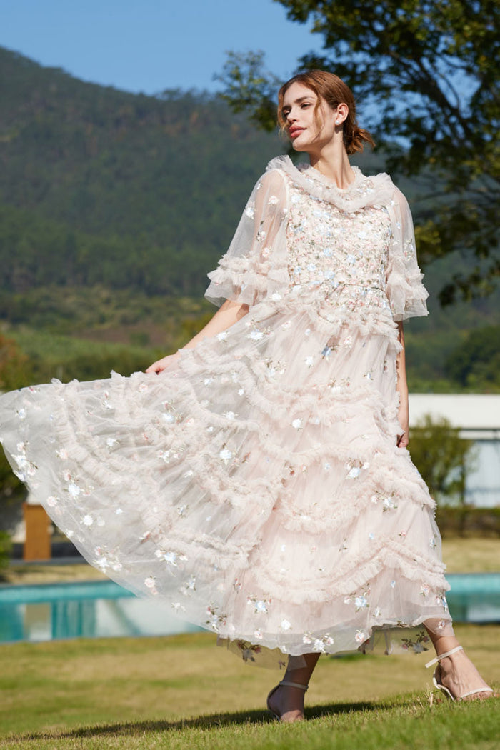 ワンピース EMBROIDERY TULLE TIERED DRESS Fairy Tale Floral Embroidered Summer Tiered Ruffle Tulle